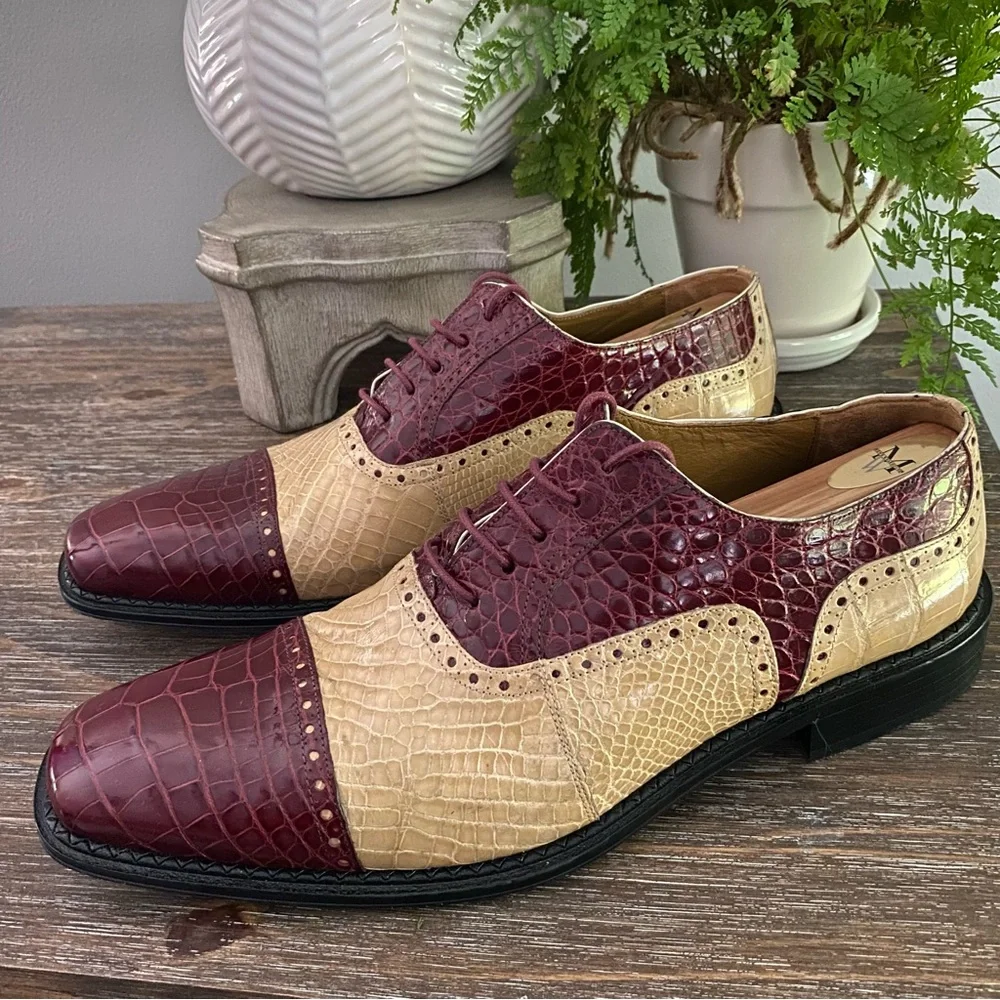 Ferrini Mens Alligator Skin Ostrich Quill Leather Oxfords Shoe Burgundy Wine Tan